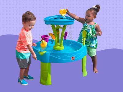 Collage of toddlers playing with a water table on a purple background