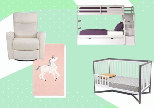 绿色背景与滑翔机，地毯，床和婴儿床从Wayfair