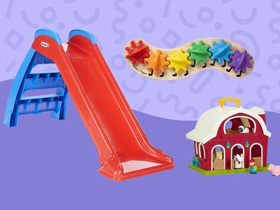 Collage of three of the Best Toys for 18-Month-Olds on a purple patterned background