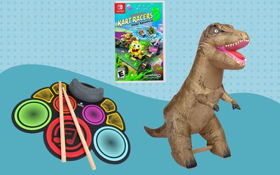 Assortment of recommended toys displayed on a two-tone blue patterned background
