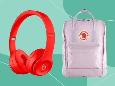 Beats Solo3 Wireless On-Ear Headphones and Fjallraven Kanken Backpack displayed on a two-tone blue patterned background