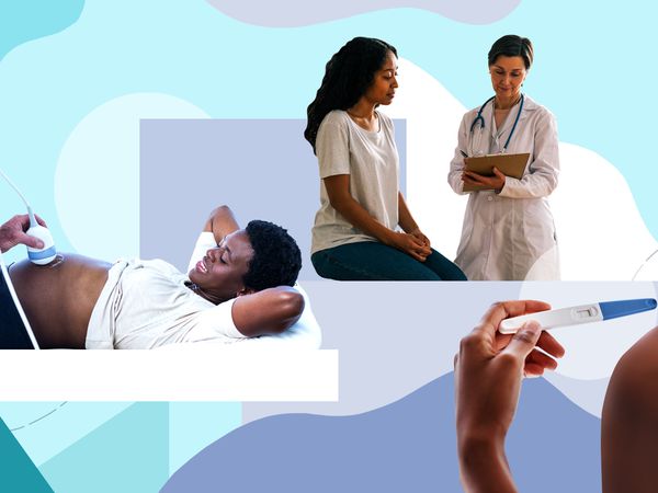 A person getting an ultrasound, a person with a pregnancy test, and a person with a healthcare provider