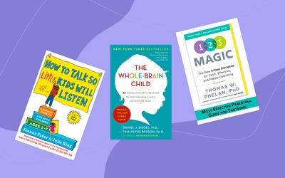 Three books for parenting toddlers we recommend displayed on a two-tone purple patterned background