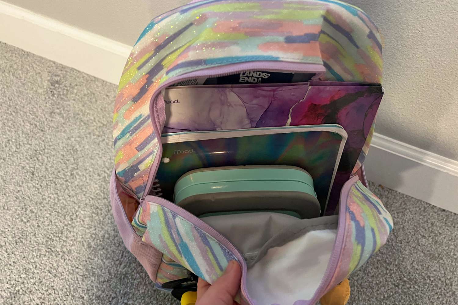 Lands End Kids ClassMate Small Backpack filled with books and box