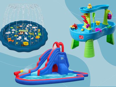 Collage of water toys we recommend on a blue background