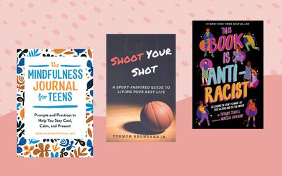 Collage of inspirational books we recommend for teens on a pink background