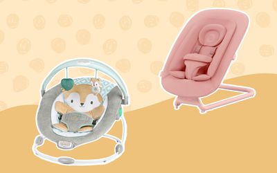 Two Different Baby Bouncers Arranged on a Yellow Background