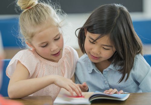 两个小学朋友在看一本书