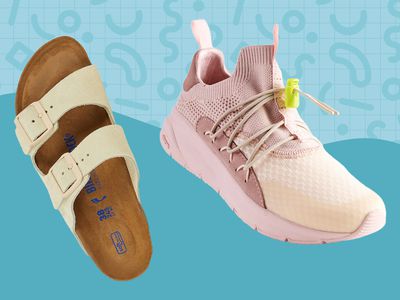 Collage of shoes we recommend during pregnancy on a blue background