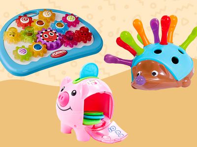 Collage of toys we recommend for fine motor skills development on a yellow background