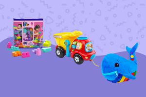 Best toys for 15-month-olds collaged against colorful purple background