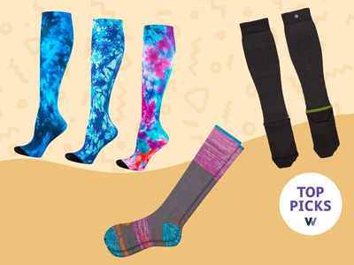 Assortment of compression socks we recommend for pregnancy displayed on a two-tone beige patterned background