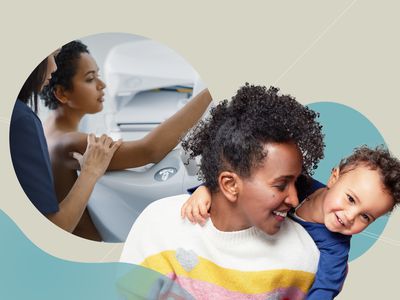 A person getting a mammogram and a person smiling with a child
