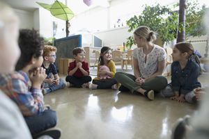 幼儿园老师和学生围坐在教室的地板上