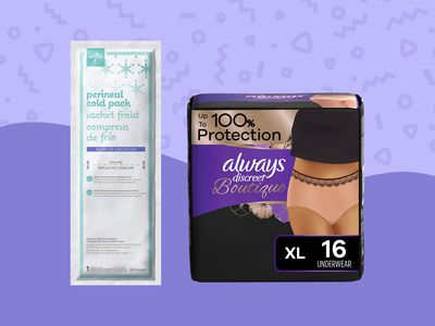 Two postpartum products on a purple background