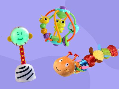 Best toys for 4-month-olds collaged against purple background