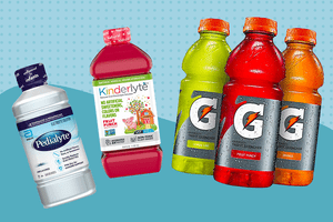Collage of electrolytes we recommend for kids on a blue background