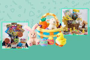 Assortment of pre-made Easter baskets we recommend for kids displayed on a two-tone green patterned background