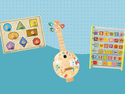 Collage of educational toys we recommend on a blue background