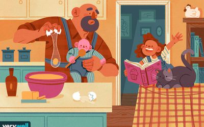 drawing of dad taking care of kids in the kitchen