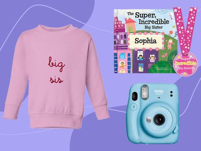 Collage of big sister gifts we recommend on a purple background