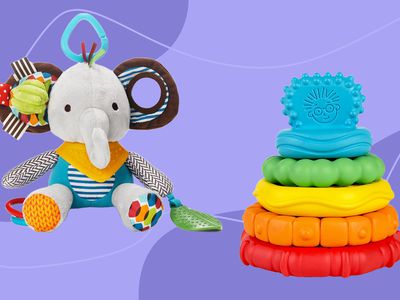 Collage of colorful toys for 5 month olds on a purple background