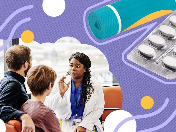 What to Know When Your Child Goes on HRT - Photo Illustration by Amelia Manley - Image of a woman dressed as a healthcare provider talking to two people