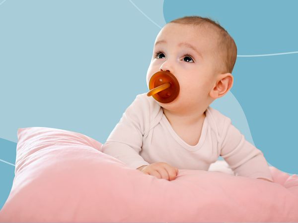 Collage of a baby with a pacifier on a pillow on a blue background