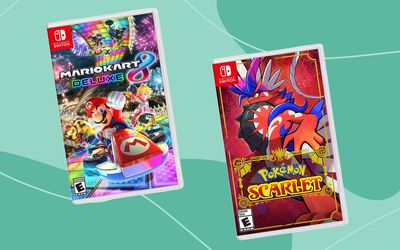 Nintendo Mario Kart 8 Deluxe and Nintendo Pokémon Scarlet displayed on a two-tone blue patterned background