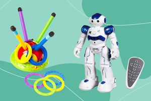 Fat Brain Toys 2-in-1 Musical Jump ‘n Toss and SGILE RC Robot Toy displayed on a two-tone green patterned background
