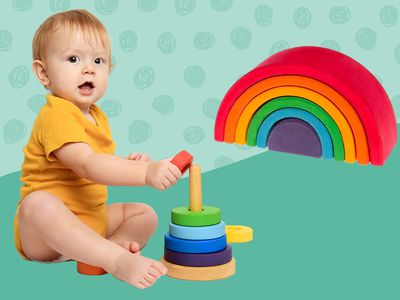 Collage of toys we recommend for 12-month-olds on a green background