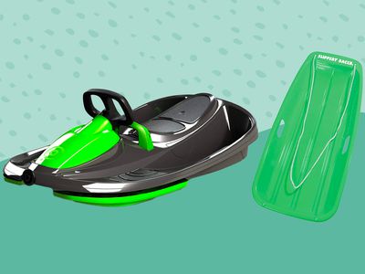 Two winter sleds we recommend displayed on a two-tone green patterned background