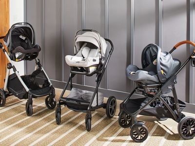 Side by side of three stroller car seat combos we recommend displayed in a carpeted entranceway near a wooden door