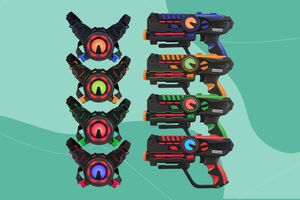 ArmoGear Laser Tag Guns with Vests Set collaged against colorful green background