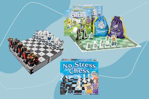 Three kids chess sets we recommend on a blue background