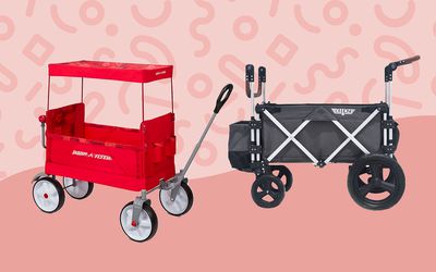 Collage of wagons we recommend for kids on a pink background